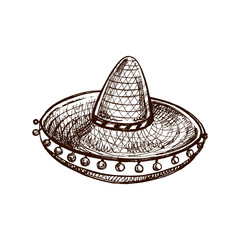 Hand-drawn sombrero sketch. Vintage drawing of hat. Vector black ink outline illustration. Mexican culture, clothes, Latin America.