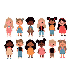 Cute little girls in different clothes. Vector illustration in cartoon style.