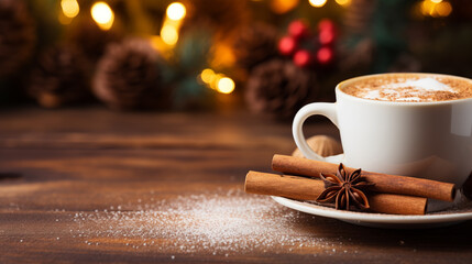 Cup of coffee or cappuccino with cinnamon sticks on a wooden table with Christmas background - Powered by Adobe