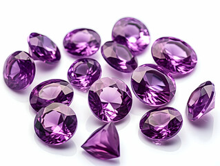 A bunch of purple sapphire gemstones isolated on a white background. High-resolution