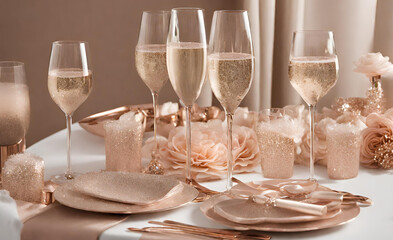 Champagne Sparkle Soft champagne and rose gold tones with sparkling bubbles, elegant flutes, and a touch of glamour 