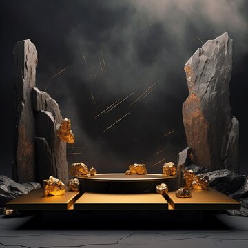 3d render, abstract background with black rock cobblestone ruins and golden nuggets levitating. Modern minimal showcase with empty podium for product presentation. Made with generative ai
