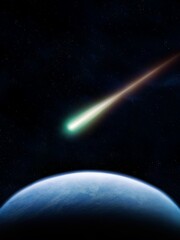 A comet in space against the background of the Earth. A large object is approaching the blue...