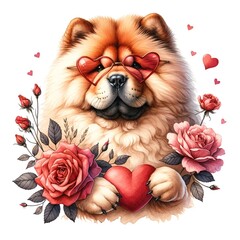 Chow chow dog holding heart in paws watercolour illustration created with Generative AI technology - obrazy, fototapety, plakaty