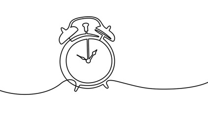 Continuous one line drawing of vintage alarm clock. Single line art illustration on the theme of time, deadline, morning, time to work on transparent background - obrazy, fototapety, plakaty