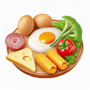 3D illustration of a food, vegetables, bread, eggs, sausage and cheese in cartoon style, isolated on white background.