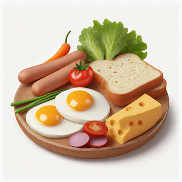 3D illustration of a food, vegetables, bread, eggs, sausage and cheese in cartoon style, isolated on white background.