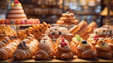 various types of pastries on brown boards. For decoration of bakery sales outlets. Bakery products. Fresh bakery.