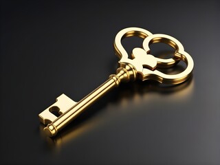 Realistic Vintage Old Gold Skeleton Key Isolated on Dark Background for Wisdom Wealth Concept