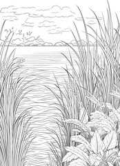 Coloring page of bushes by the river isolated on transparent background