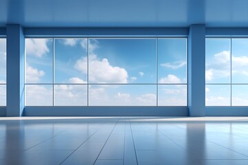 Empty modern clean room space with floor-to-ceiling windows, sky and cloudscape view background