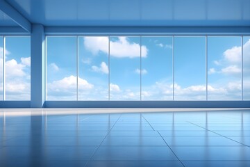 Empty office space room with panoramic glass window with city and sky view in day time background