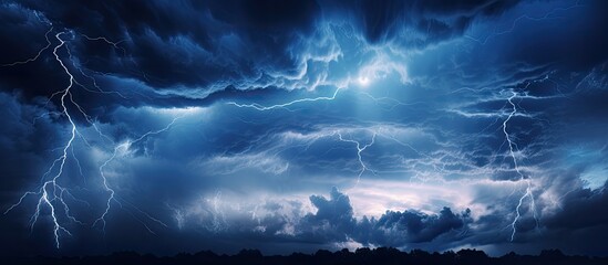 Dramatic clouds at night with lightning and thunder. - obrazy, fototapety, plakaty