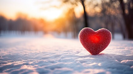 Single Red Heart in Snowy Landscape at Sunset - obrazy, fototapety, plakaty