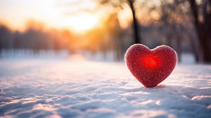 Fotobehang Single Red Heart in Snowy Landscape at Sunset © _veiksme_