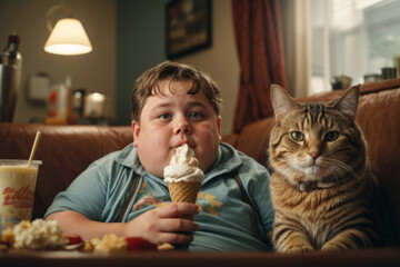 A fat kid who looks like Steve Buscemi is eating ice cream and watching a movie with his cat. the concept of the problem of childhood obesity
