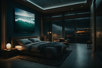 penthouse bedroom at night, dark gloomy, A room with a view of the city from the bed.