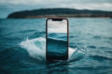 mobile phone takes pictures of the ocean. Sinking phone in sunlight and natural green background. Splashes of water in glass. Select focus, blurred background.