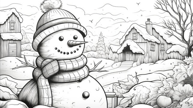 Black and white doodle christmas snowman coloring book