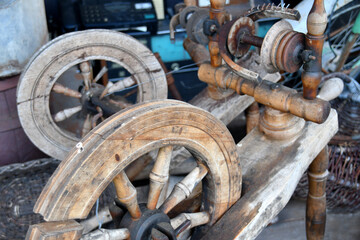 Old vintage spinning wheels in Lithuanian museum