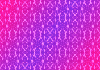 Hand-drawn abstract seamless ornament. Neon gradient (plastic pink to proton purple) background and glowing pattern on it. Cloth texture. Digital artwork, A4. (pattern: p10-4c)