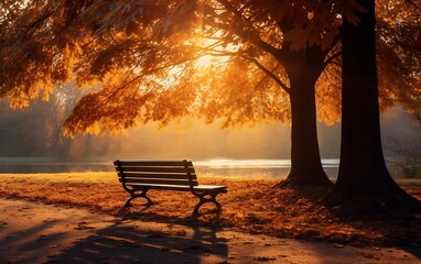 Wooden bench in the autumn park at sunset. 3d rendering