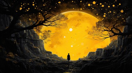 nighttime atmosphere with a yellow moon illustrated with a watercolor painting created by AI