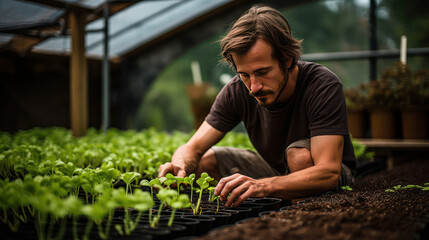 Male horticulturist tending to plants in a vibrant greenhouse setting - obrazy, fototapety, plakaty