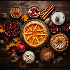 Obraz na płótnie Canvas Top view of various autumn food on wooden background. Fall season concept.