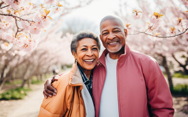 Happy senior couple walking and laughing in the park. Elderly man and woman enjoying time together. Romantic and elderly healthy lifestyle concept.  - obrazy, fototapety, plakaty