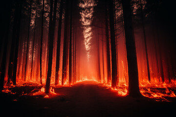 Fototapeta premium Surreal Forest Fire Scene with Glowing Flames and Trees