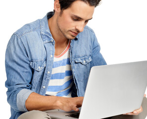 Man, internet and connection on laptop, typing and networking by white background. Male person, subscription and website in studio, online research and shopping or technology for planning or blog