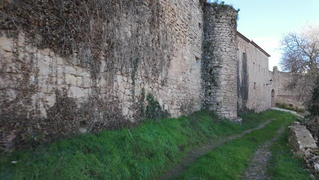 Medieval wall with hanging vines in the village of Palazuelos, Siguenza