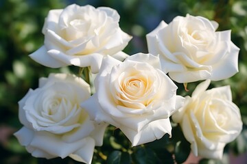 Beautiful white roses in the garden on a sunny summer day.
