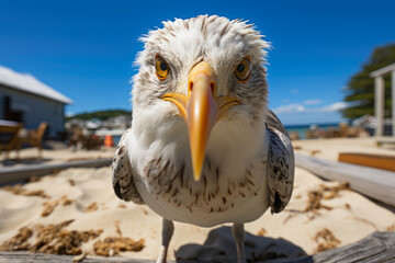 Sunlit Shoreline Serendipity: Seagull's Curious Close-Up