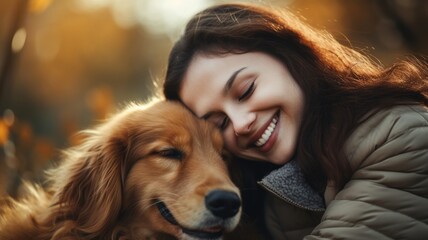 Portrait of a beautiful young woman hugging a dog on a blurred autumn background. Close-up.