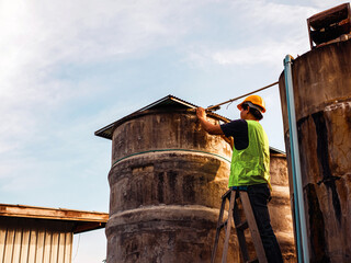 engineer controlling the quality of water Stand on the risky stairs at high places operating industrial water purification or filtration equipment old cement tanks for keeping water in water factory