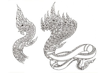 Asian dragon on white background pen drawing for card decoration illustration