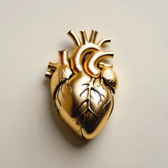 Golden human heart lying flat on a light background
