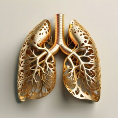 Golden human lungs lying flat on a light background