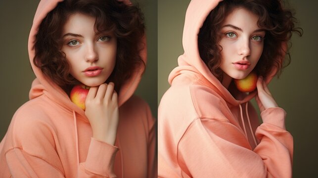 A collage of two photos of a beautiful woman wearing an orange peach hoodie with a hood looks at the camera.