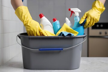 mid section cleaner holding bucket with cleaning products wearing yellow gloves - Powered by Adobe