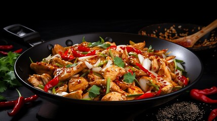 stir-fried chicken with vegetables in a wok on dark background