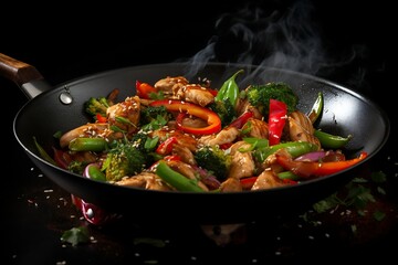 stir-fried chicken with vegetables in a wok on dark background
