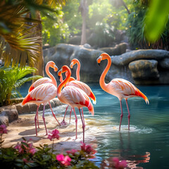 A group of flamingos resting in the shade by a tropical lagoon