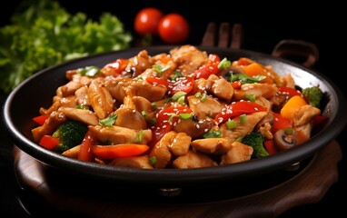 stir-fried chicken with vegetables and sesame on wooden background