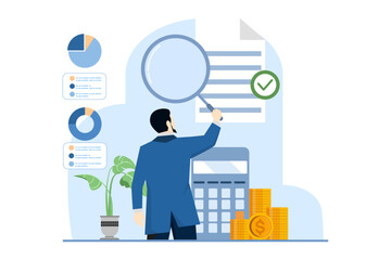 Audit process in business, Professionals evaluate financial records, Internal audit, third party verification, clear reports, Integrity, accuracy, transparency in finance, Flat vector illustration. - obrazy, fototapety, plakaty