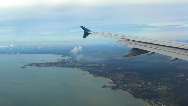 Aerial view of Coastline. Plane window view of coastline. Coastline of Malaysia.
