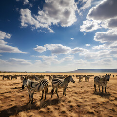 Fototapeta na wymiar A herd of zebras grazing on a vast African plain