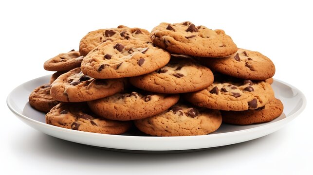 Chocolate chip cookies on a plate isolated on white background with clipping path